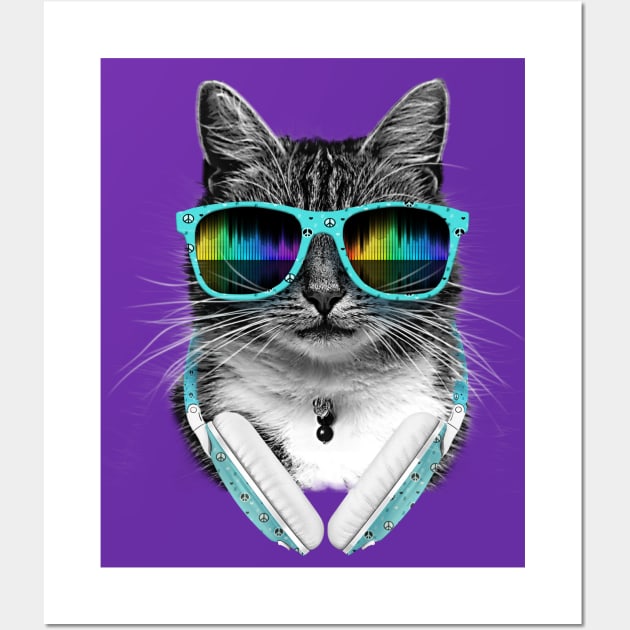 Cute cool cat Wearing Headphones and Sunglasses Wall Art by Juka